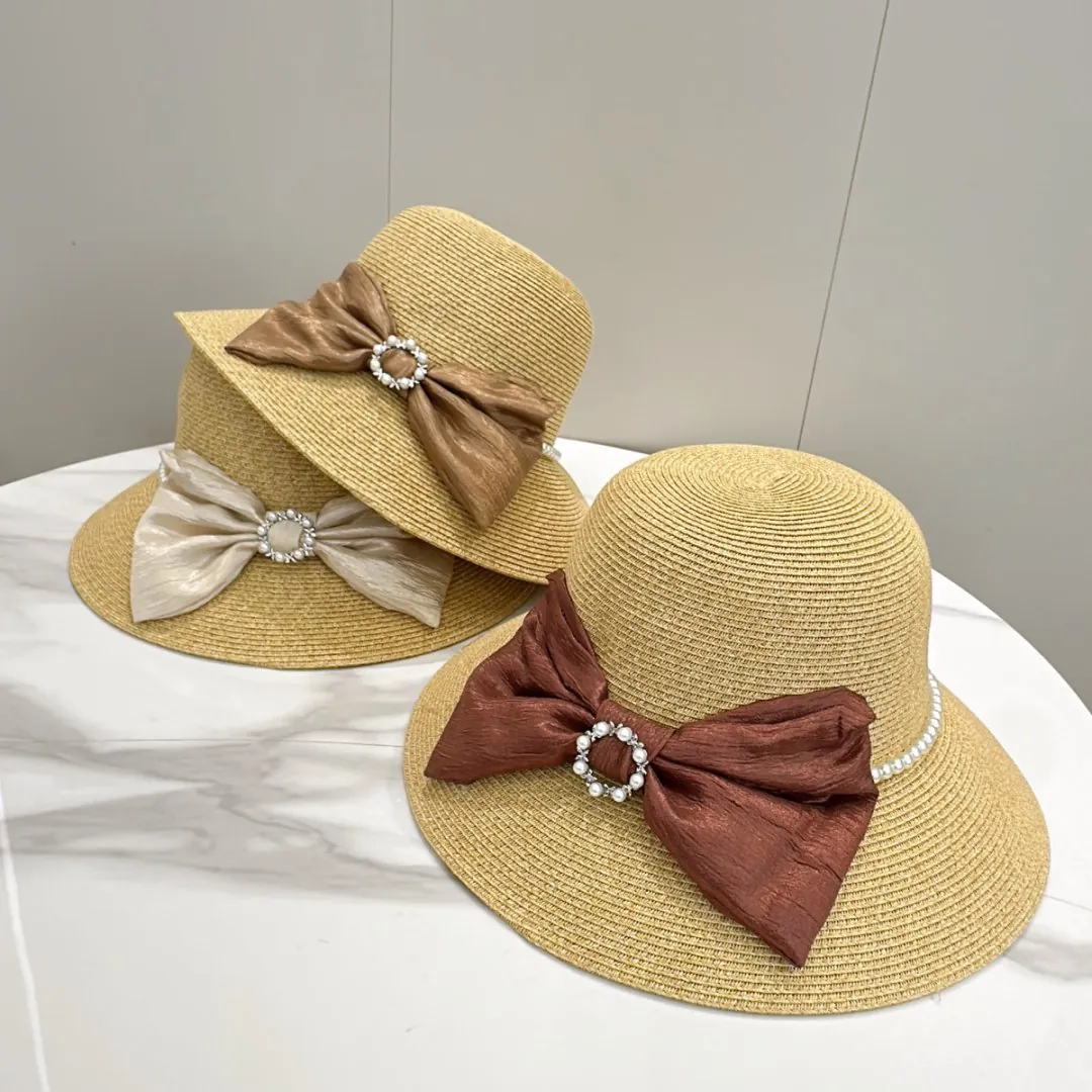 Women Elegant Straw Sun Hat Big Brim Paper Braid Beach Bucket Hat With Satin Bow Artificial Pearl Rhinestone Buckle