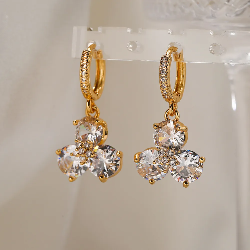 Orecchini Pendenti A Fiore Rame Placcato Oro Vero Zirconia Cubica Scintillante Gioielli Di Moda Temperamento Per Donne