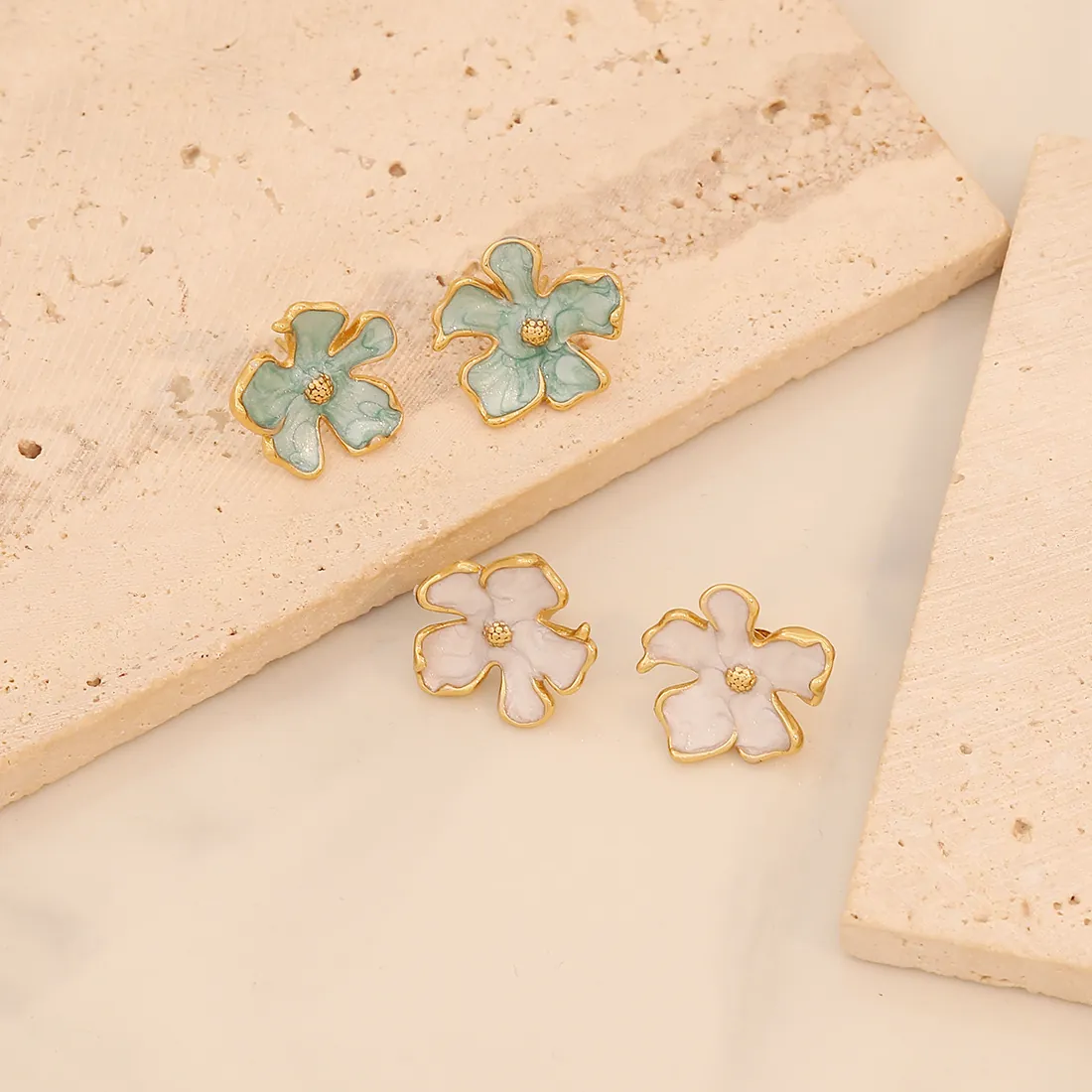 Boucles D'oreilles En Acier Inoxydable Fleur Géométrique Irrégulier Émail Texture Marbre Bijoux Élégants Femmes