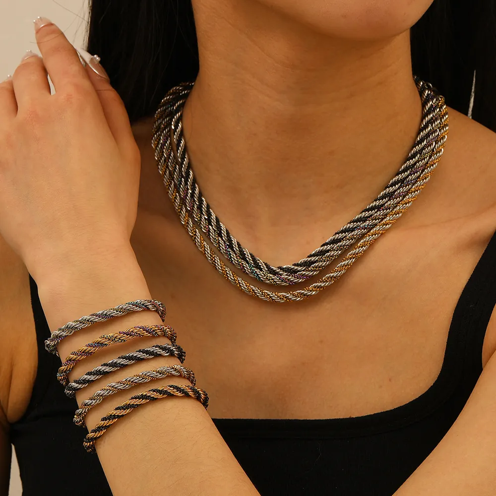 Collier Et Bracelet Chaîne En Corde Torsadée En Acier Inoxydable Plaqué Or 18K Pour Femmes Bijoux Hip Hop Bicolores