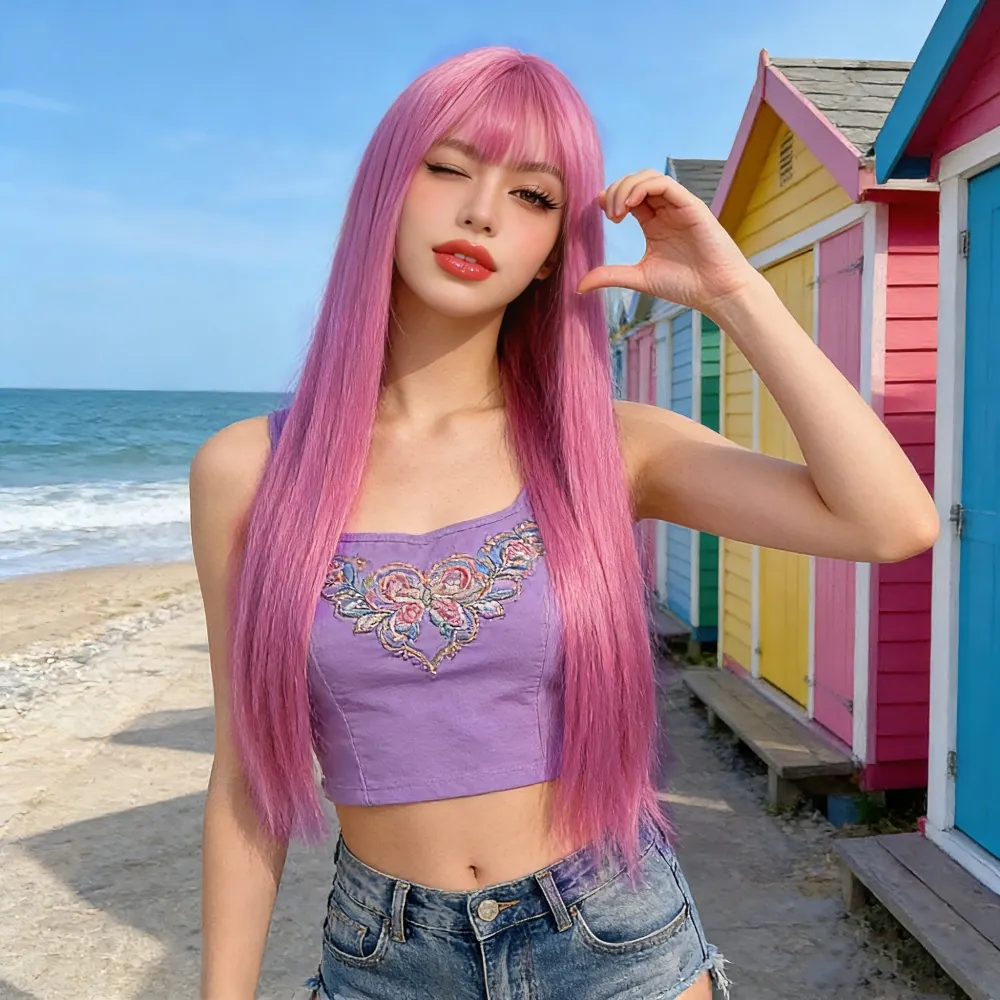 Long Straight Wig With Air Bangs High Temperature Synthetic Fiber Heat Resistant For Women Cosplay Party Daily Wear
