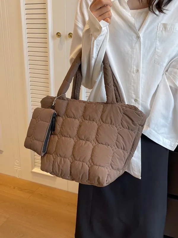 Women Quilted Puffer Tote Bag Large Capacity Padded Handbag And Matching Pouch Casual Korean Style