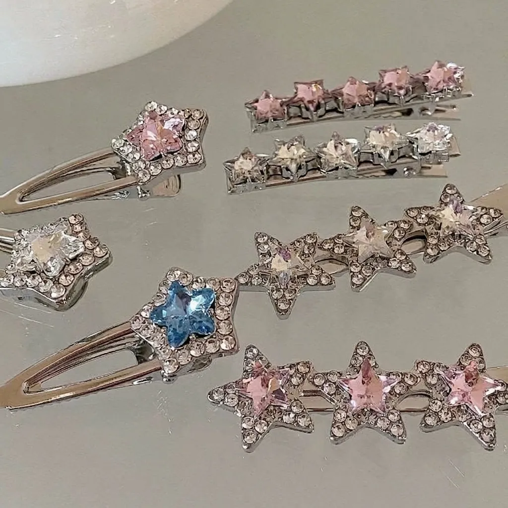 Star Hair Clips Alloy Rhinestone Sparkling Sweet Pink Blue White Crystals Alligator Side Clips Girl Hair Accessories