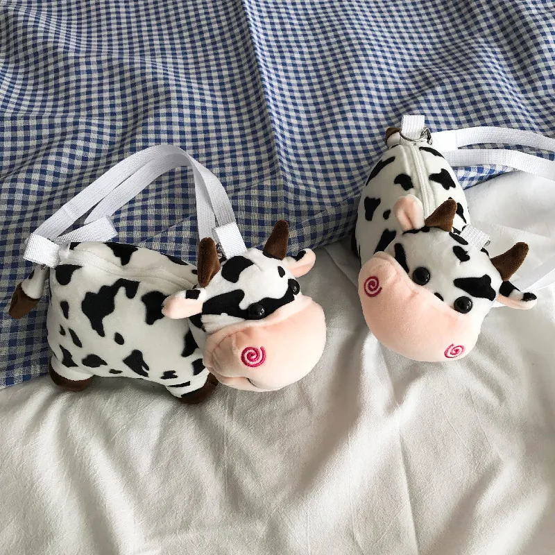 Cute Cartoon Cow Plush Crossbody Bag Kawaii Animal Shape Shoulder Pouch For Kids Girls Students Adjustable Strap Novelty