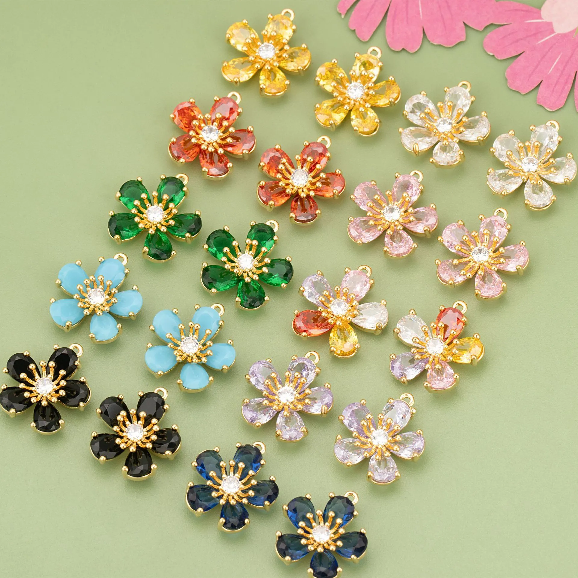 Flower Pendant Charms 18K Gold Plated Brass Micro Pave Zircon For DIY Earrings Necklace Jewelry Making Accessories