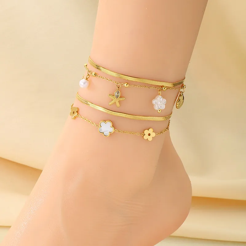 Mehrlagige Fußkettchen Damen 18K Vergoldeter Titanstahl Seestern Muschel Künstliche Perle Blumen Charms Strand Mehrreihige Kette