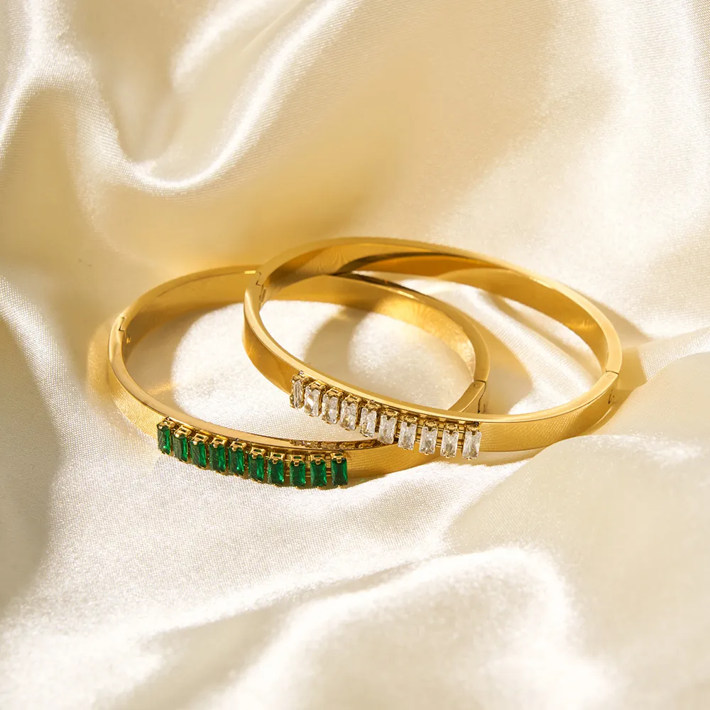 Geometric Bangle 18K Gold Plated Stainless Steel Rectangular Zircon Inlaid Hinged Bracelet Fashion Jewelry For Women