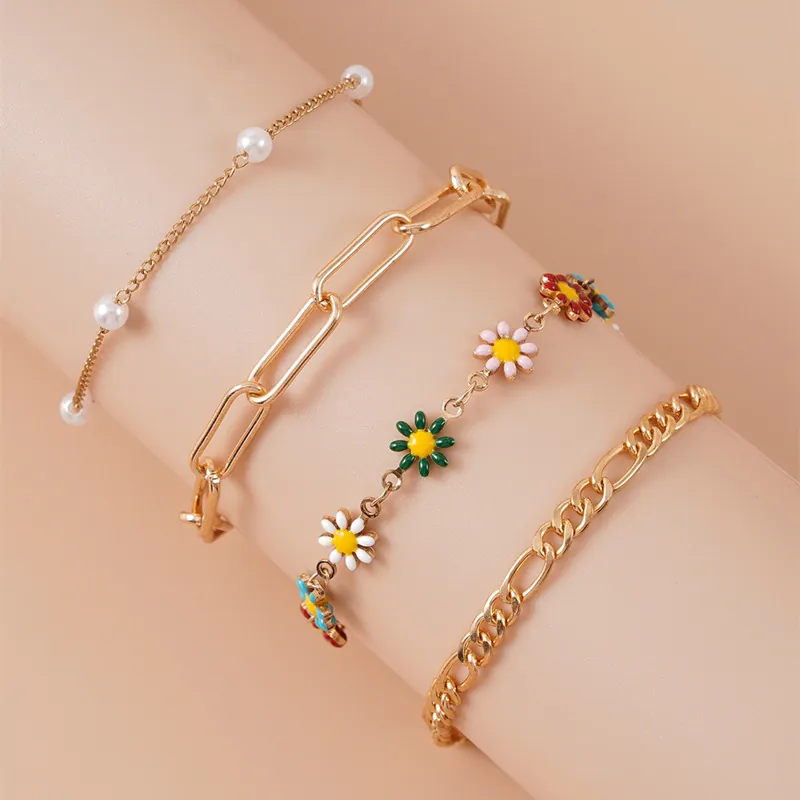 Colgante De Flor Margarita Girasol Esmalte Aleación Metal Perla Artificial Pulsera Y Tobillera Estilo Pastoral Para Mujer