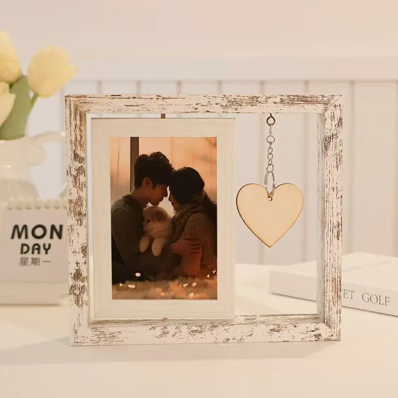 Rotating Photo Frame Double Sided Wood Grain Tabletop Display Rustic Home Decor With Heart Pendant Or Mini Lamp
