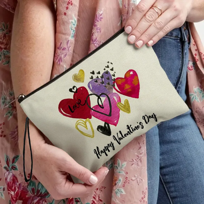 Trousse Maquillage Cœur Saint Valentin Pochette Cosmétique En Lin Fin Avec Fermeture Éclair Et Dragonne Lettres Colorées
