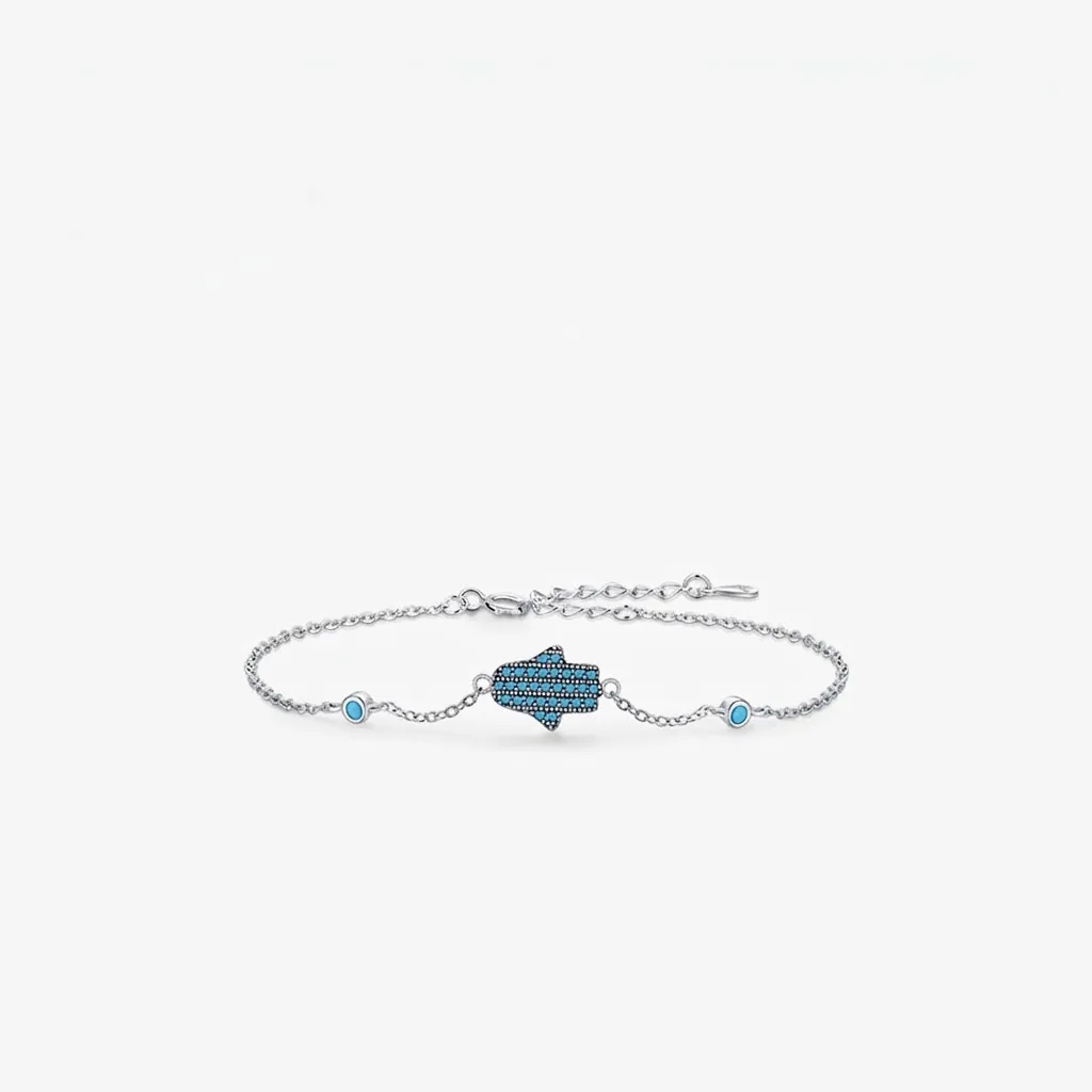 Hamsa Hand Bracelet 925 Sterling Silver Turquoise Blue Stone Bohemian Retro Adjustable Chain Jewelry For Women