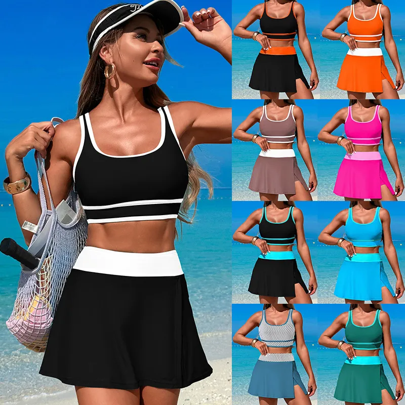 Women Sporty Tankini Swimsuit Tank Top And High Waist Skirt Contrast Piping Quick Dry Nylon Elastic Beach Swimwear