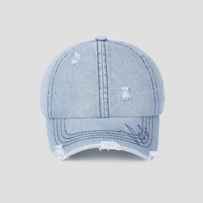 Distressed Washed Denim Baseball Cap Vintage Ripped Cotton Sun Protection Adjustable Strapback Hat For Men Women