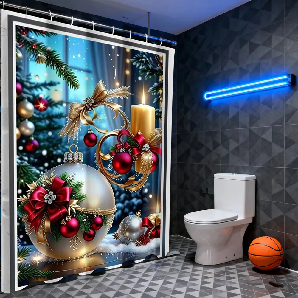 Rideau De Douche De Noël Polyester Imperméable Décor De Salle De Bain Avec Crochets Impression 3D Festive Motifs Hiver