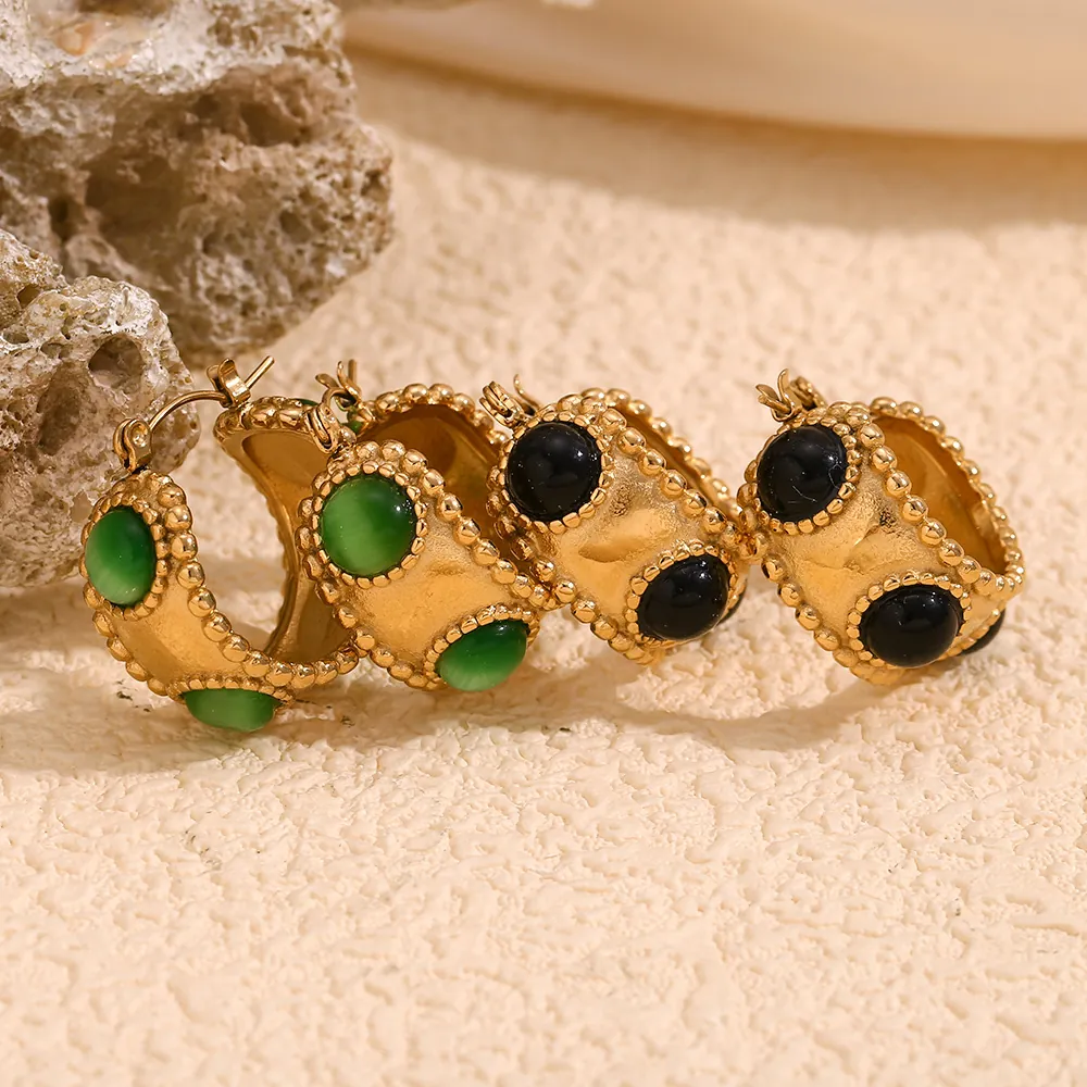 Vintage C Shape Hoop Earrings 18K Gold Plated Stainless Steel With Natural Stone Agate Bead Edge Geometric For Women