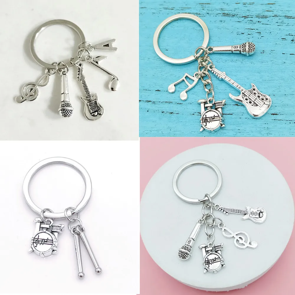 Musical Instrument Keychain Alloy Guitar Microphone Drum Set Musical Note Bag Pendant Silver Tone Music Lover Gift