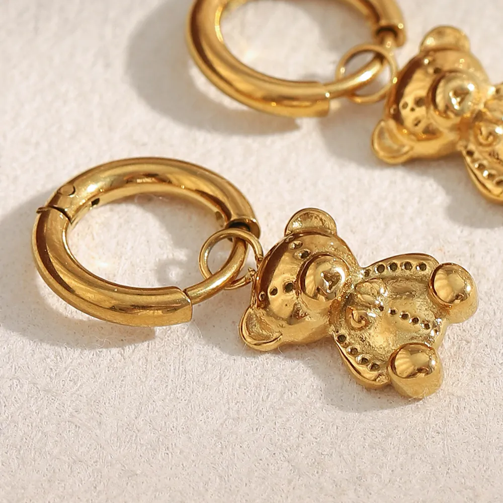 Mini Bear Hoop Earrings 18K Gold Plated Stainless Steel Textured Animal Charm Vintage Fashion Jewelry For Women Girls