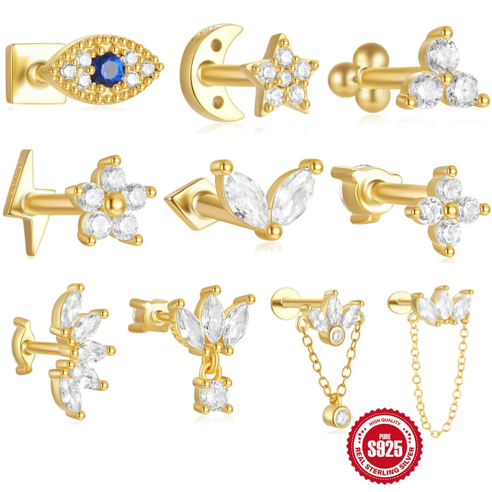 925 Sterling Silver Cartilage Stud Earring Marquise Zircon Evil Eye Flower Crown Labret Piercing Jewelry For Women