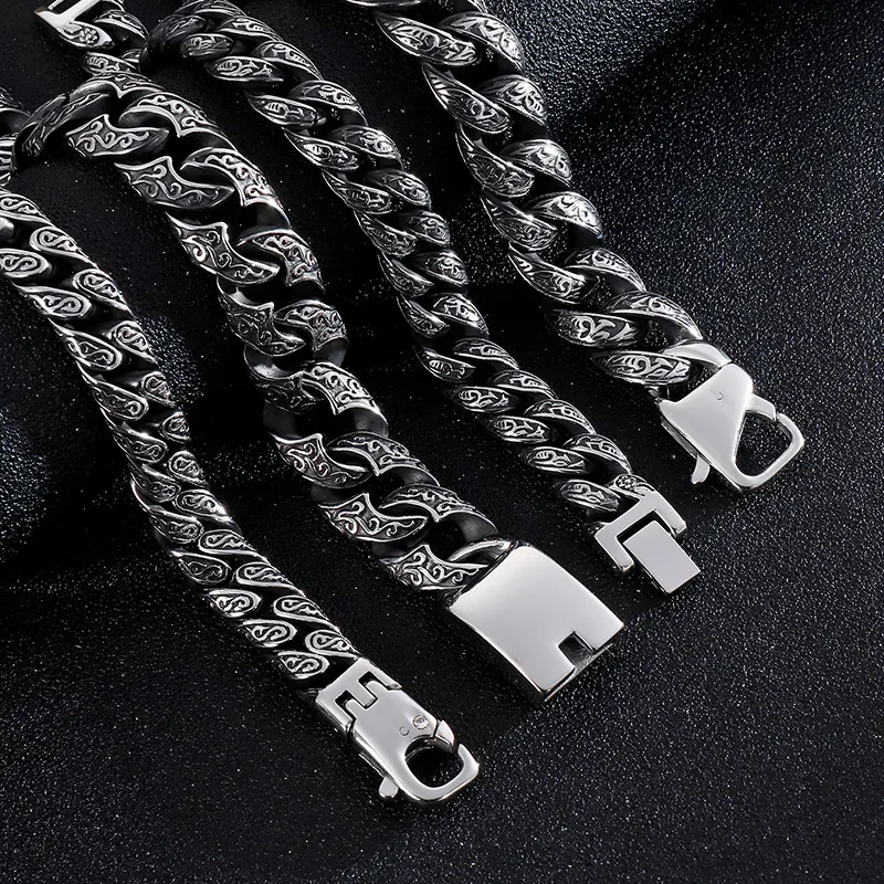 Bracciale Uomo Maglia Cubana Inciso Vintage Acciaio Inossidabile 316L Punk Gothic Hip Hop Gioiello