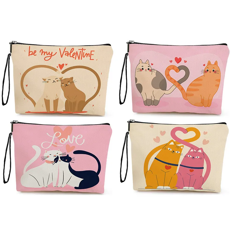 Cute Cat Heart Print Linen Makeup Bag Zipper Cosmetic Pouch Travel Toiletry Organizer With Wristlet Strap Valentine Gift Women