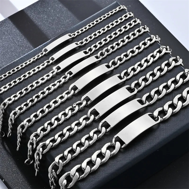 Stainless Steel Cuban Link Bracelet Blank ID Tag Punk Hip Hop Jewelry For Men Women Minimalist Silver Tone