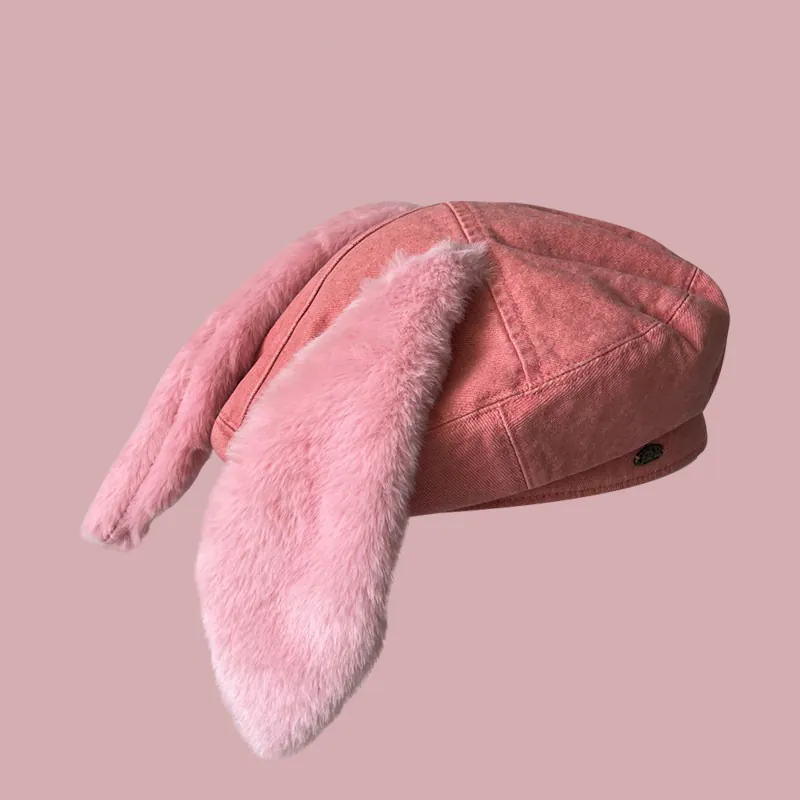 Bérêt En Denim À Oreilles De Lapin Mignon Chapeau De Peintre En Fausse Fourrure Style Japonais Kawaii Femmes Filles