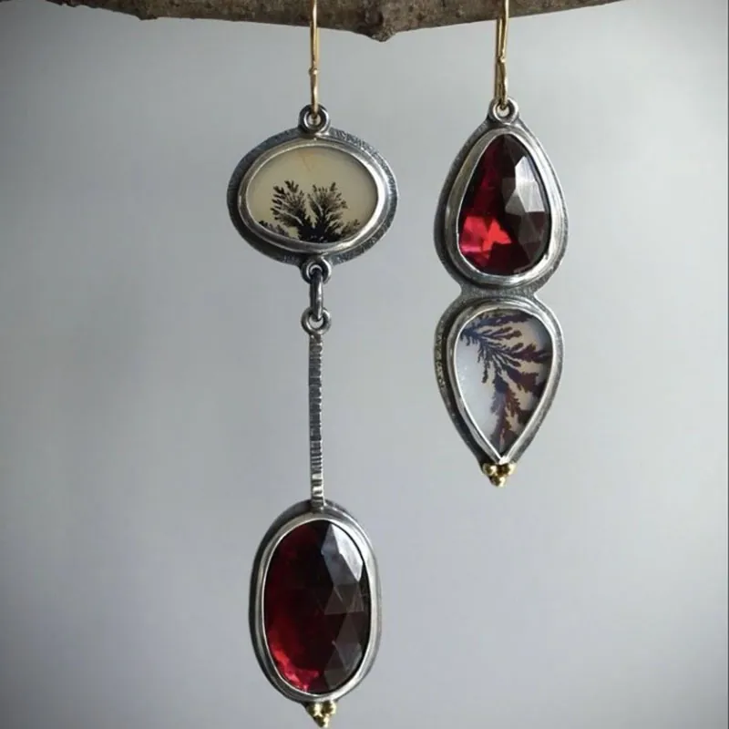 Vintage Long Drop Earrings With Red Rhinestone And Natural Stone Asymmetric Jewelry For Women Earring Post