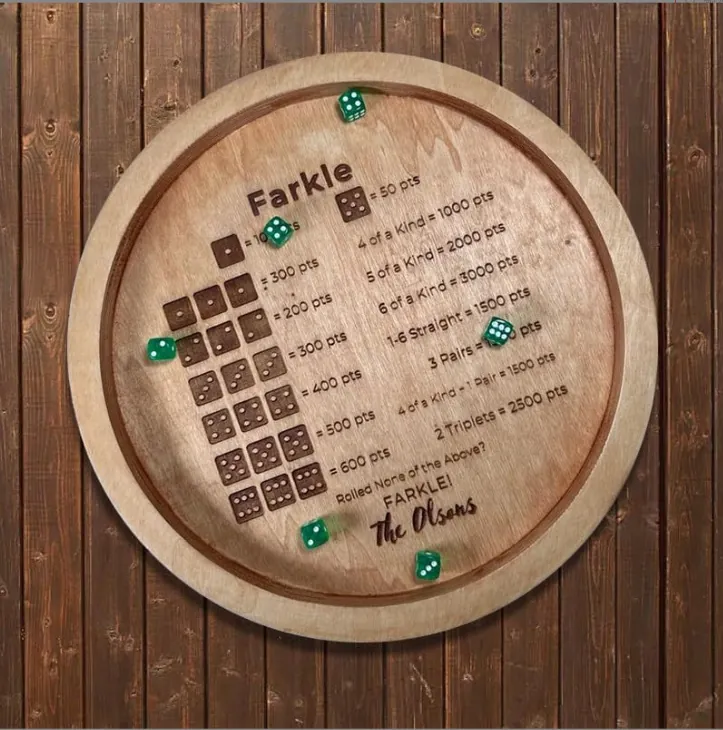 Wooden Dice Tray Round Farkle Board Game With Engraved Rules And Translucent Dice For Family Party Entertainment Desktop