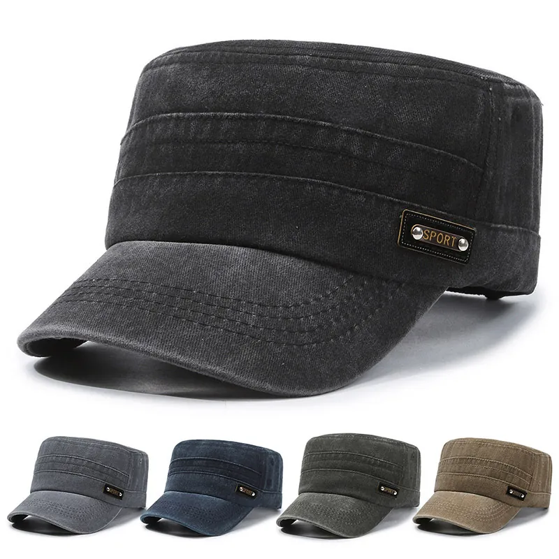 Washed Cotton Cadet Cap Distressed Military Hat Adjustable Outdoor Sun Protection Vintage Style For Men