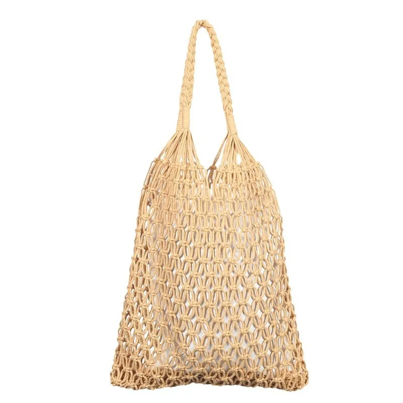 Handmade Woven Cotton Rope Tote Bag Hollow Out Mesh Beach Vacation Bohemian Style Shoulder Handbag Women