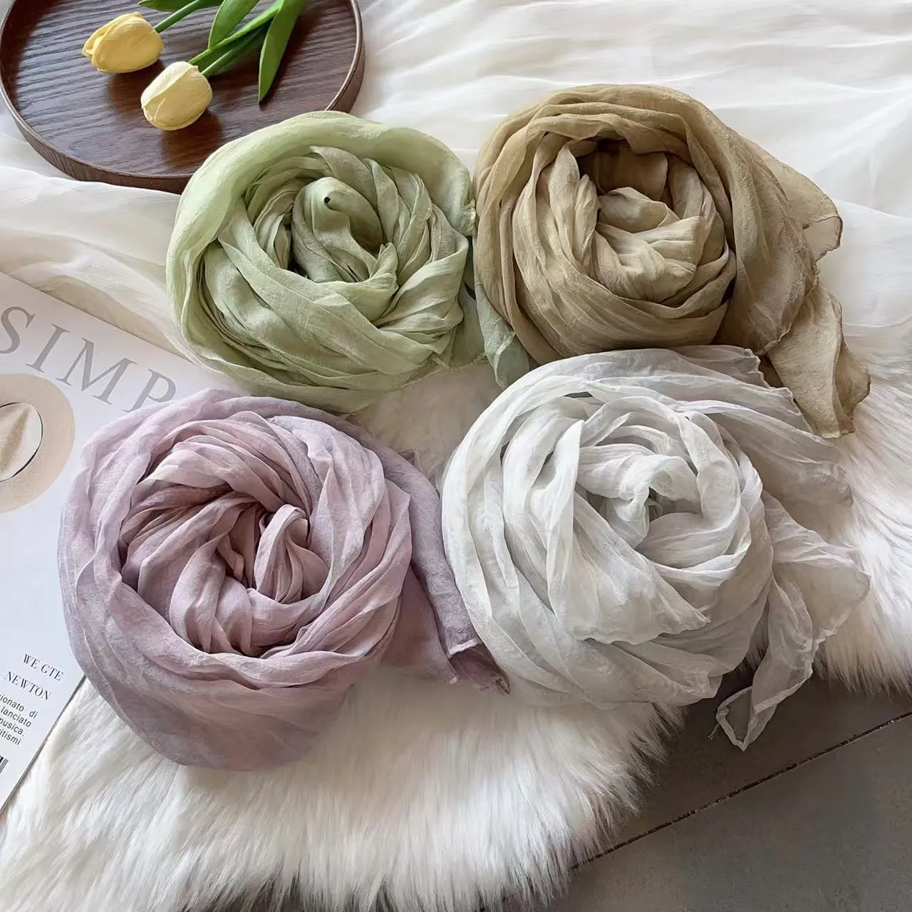 Women Pleated Voile Scarf Lightweight Solid Color Wrinkled Retro Style Casual Decorative Shawl Long Wrap