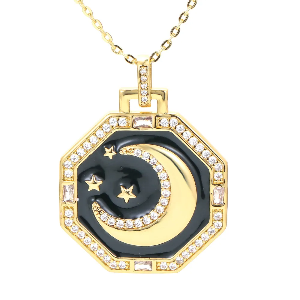 Fashion Octagon Star Moon Pendant Necklace Copper Enamel Gold Plated Zircon Inlaid Elegant Jewelry For Women