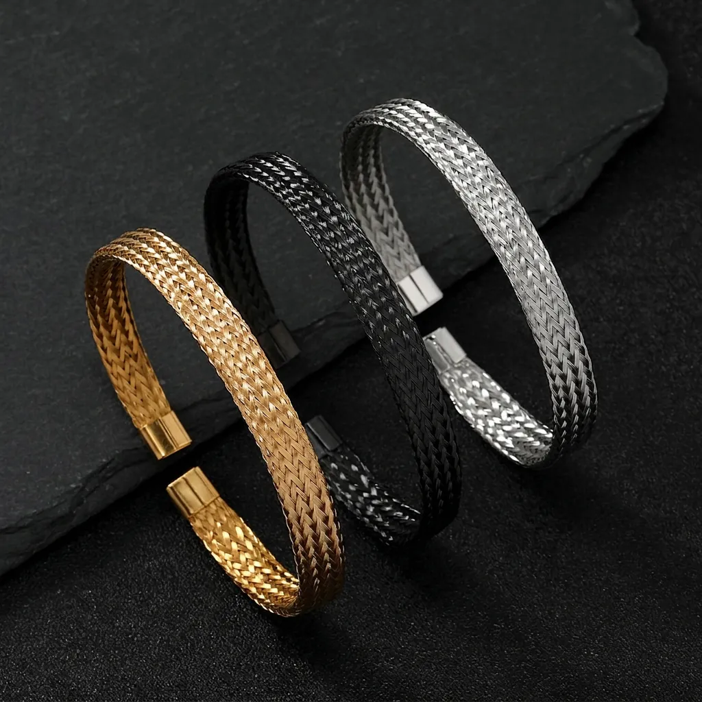 Bracciale Rigido Intrecciato In Acciaio Inossidabile A Forma Di C Aperto Regolabile Stile Punk Industriale Gioielli