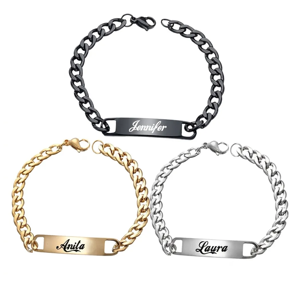 Stainless Steel ID Bar Bracelet For Men Cuban Figaro Link Polished Rectangular Plate Fashion Minimalist Jewelry