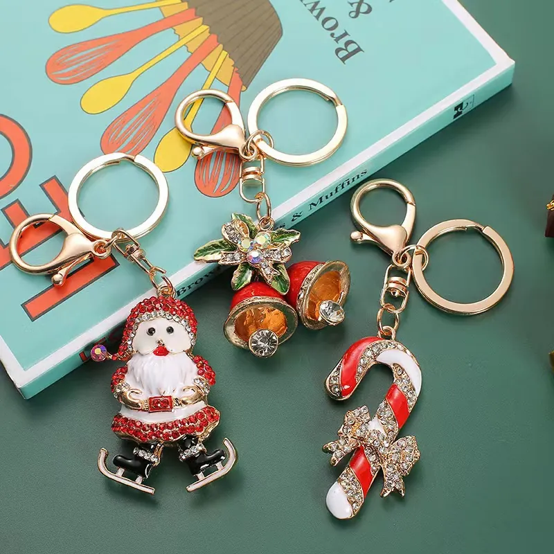 Christmas Keychain Alloy Enamel Rhinestone Santa Claus Candy Cane Bell Hanging Bag Charm For Holiday Gold Tone Accessory