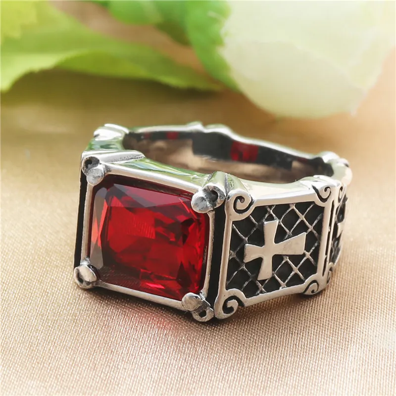 Gothic Punk Ring 316 Stainless Steel Rectangular Red Black Gemstone Cross Relief Vintage Jewelry For Men