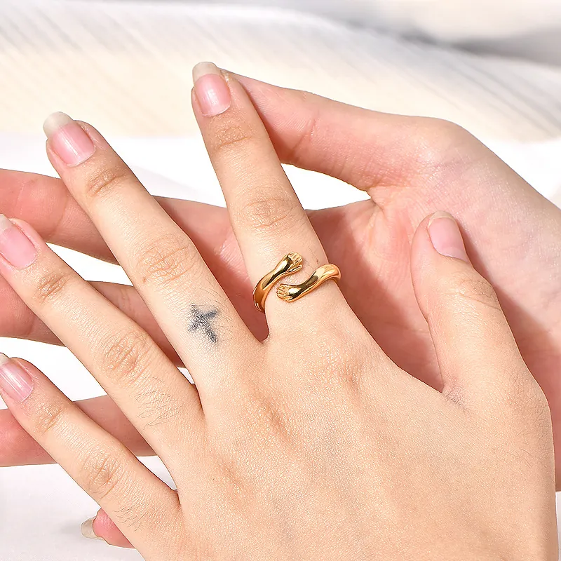 Hugging Hands Ring Gold Plated Titanium Steel Open Adjustable Artistic Design Chic Trendy Finger Jewelry For Women