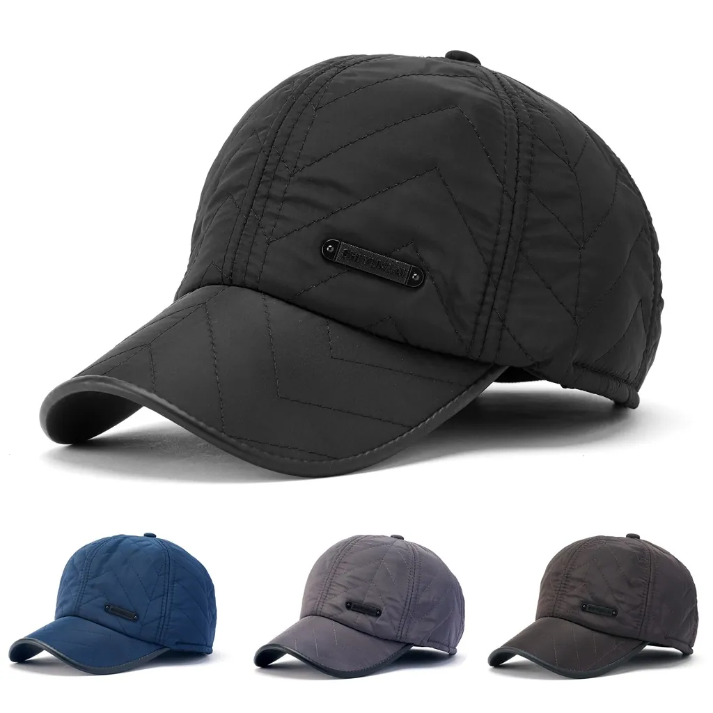 Men Winter Baseball Cap Quilted Warm Fleece Lined Windproof Outdoor Peaked Hat Adjustable Ear Protection