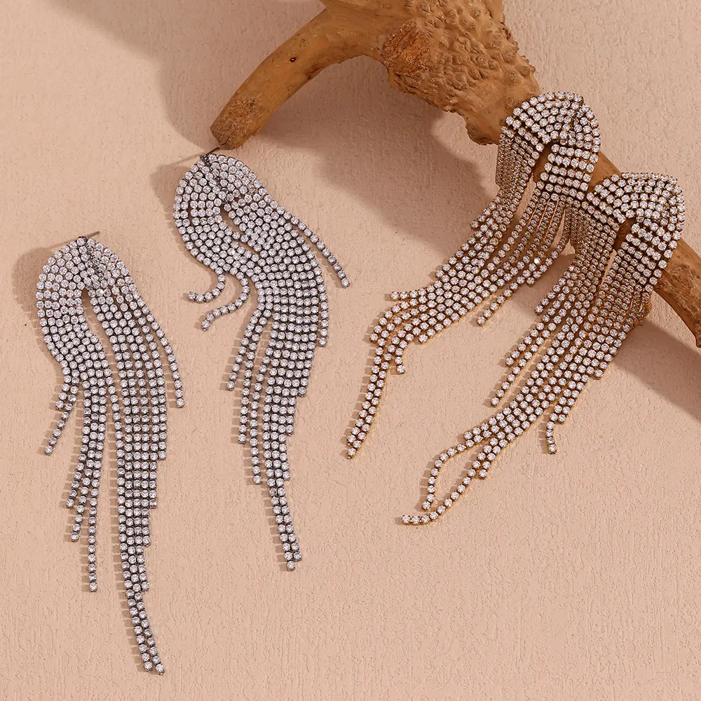 Stainless Steel Long Tassel Earrings With Rhinestone 18K Gold Plated Exaggerated Fringe Earrings For Women Party Jewelry