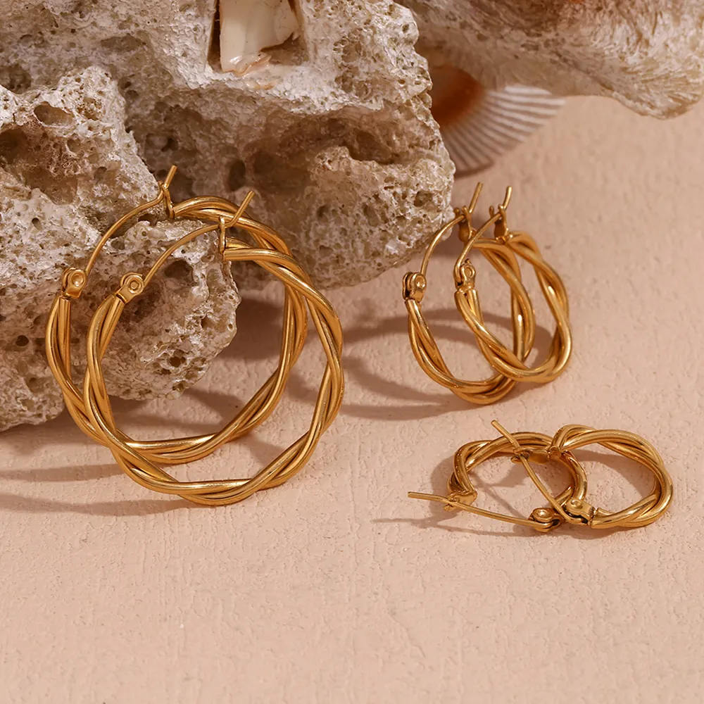 Twisted Hoop Earrings 316L Stainless Steel 18K Gold Plated Rope Textured Woven Style Minimalist Jewelry For Women