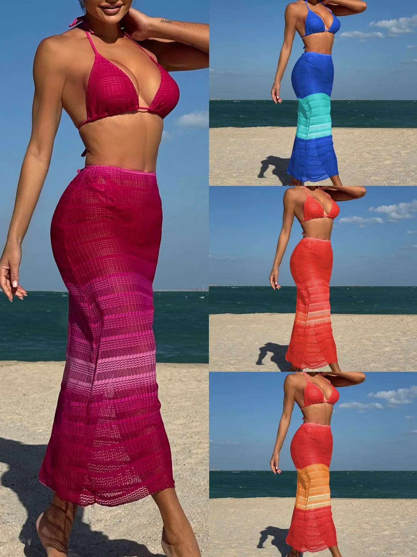Top Bikini A Triangolo Allacciato Al Collo E Slip Con Lacci Laterali Con Gonna Lunga In Maglia Rete Sfumata Moda Mare