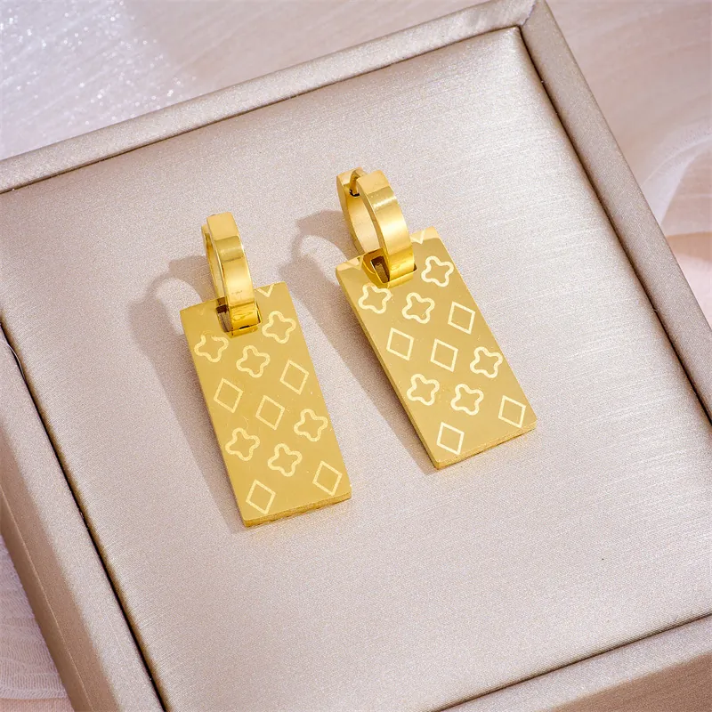 Stainless Steel Square Hoop Earrings 18K Gold Plated Engraved Clover Geometric Pattern Minimalist Fashion Jewelry Women