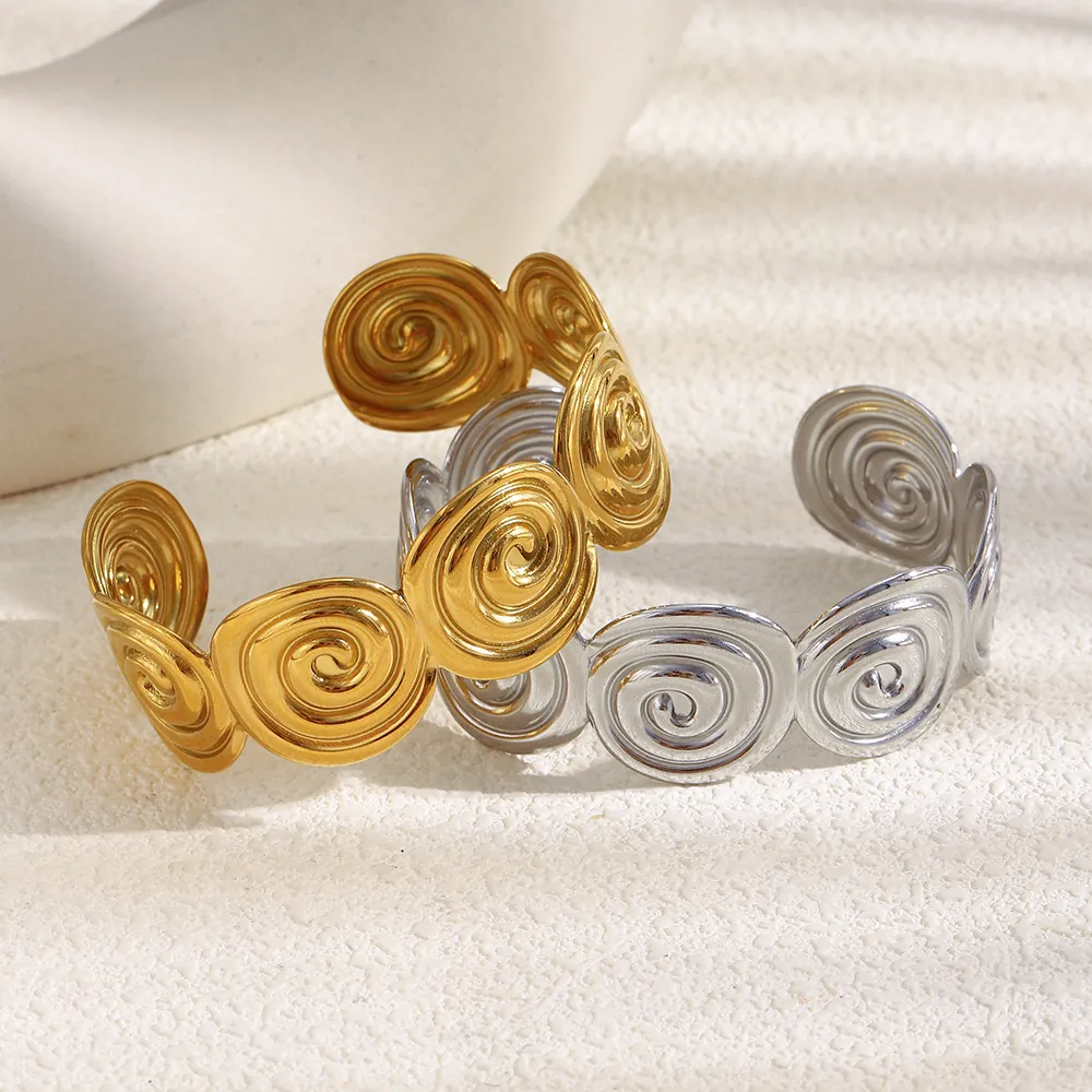 Geometric Spiral Vortex Cuff Bracelet 18K Gold Plated Stainless Steel Open Bangle Bohemian Style For Women