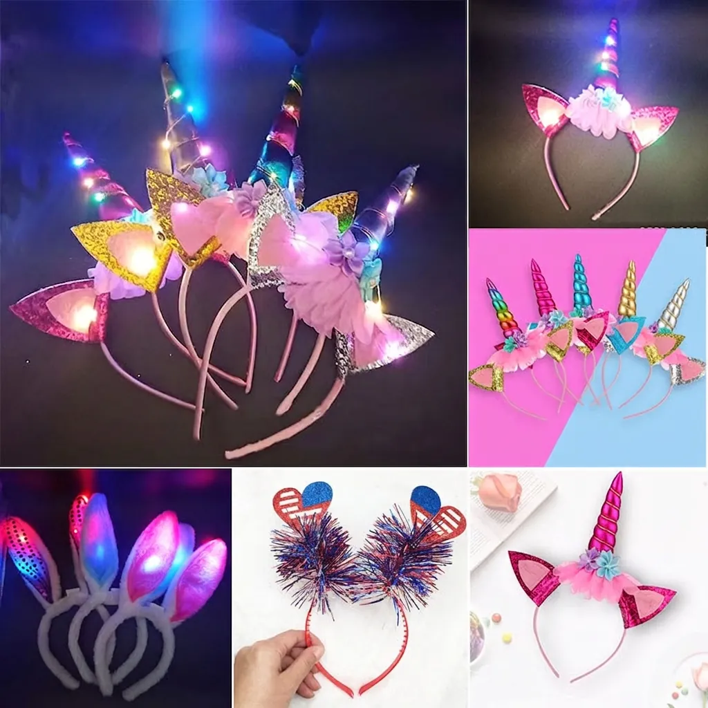 LED Glowing Unicorn Headband Plastic Fabric Glitter Horn Hair Hoop Halloween Christmas Party Favors For Girls Kids