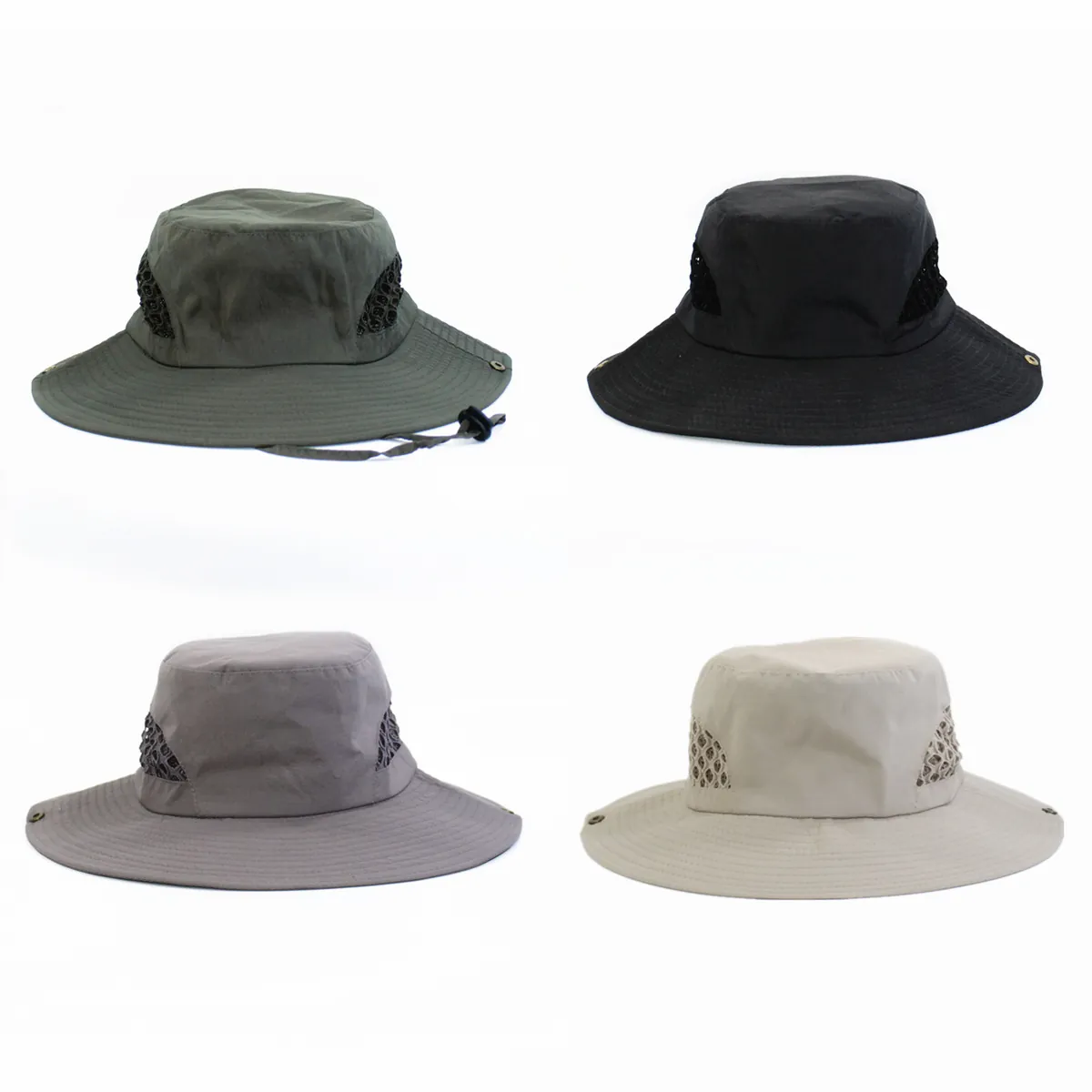 Chapeau De Pêcheur Extérieur Bord Large Polyester Séchage Rapide Maille Respirante Protection Solaire Chapeau Boonie Jugulaire