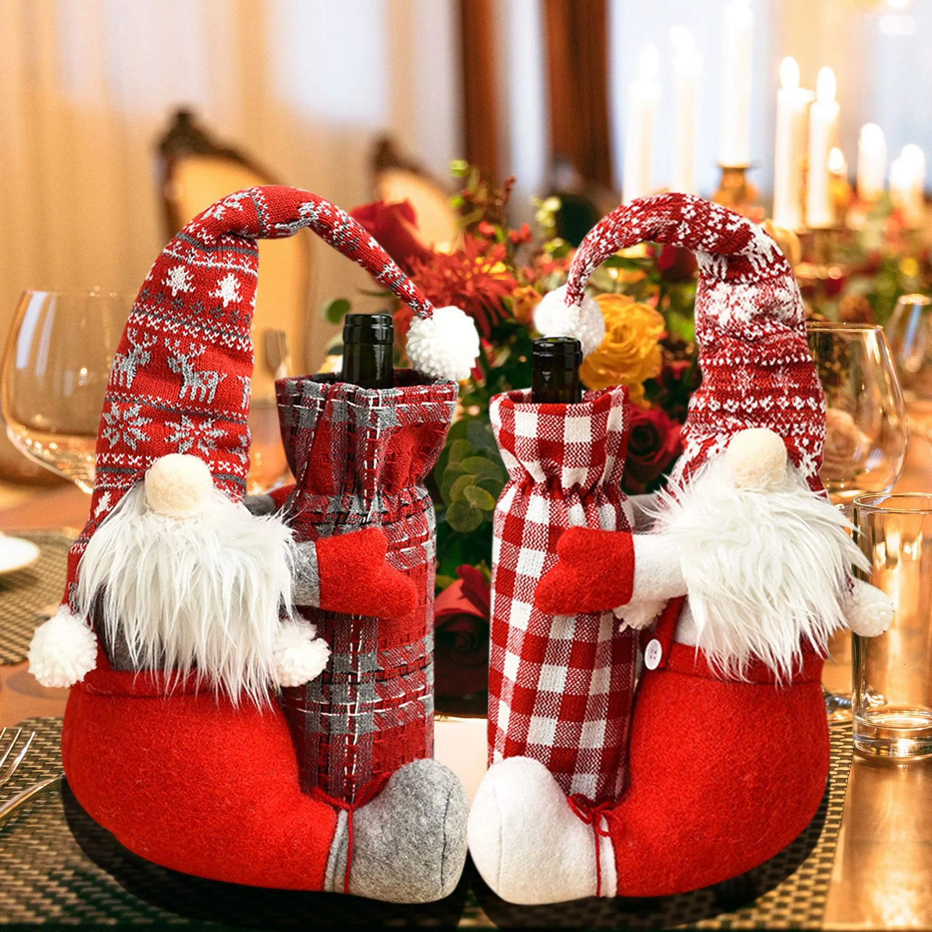 Christmas Wine Bottle Cover Gnome Faceless Doll Knitted Gingham Fabric Party Dining Table Decor Scandinavian Style Festive