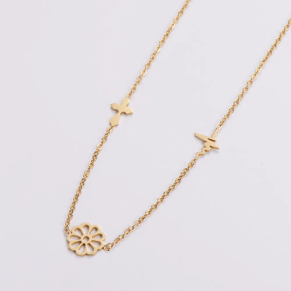 Women 18K Gold Plated 316L Stainless Steel Necklace With Hollow Flower Cross Heartbeat Pendants Clavicle Chain Jewelry