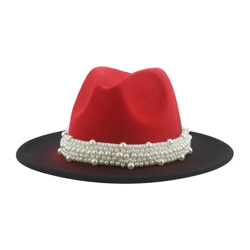 Gradient Woolen Felt Fedora Hat With Faux Artificial Pearl Beads Wide Brim Jazz Cap Vintage Style For Women Autumn Winter