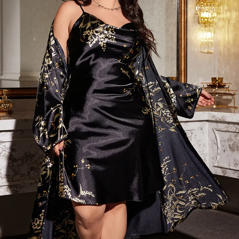 Plus Size Satin Pajama Robe And Nightdress Floral Print Satin Like V Neck Sleepwear For Women Home Wear