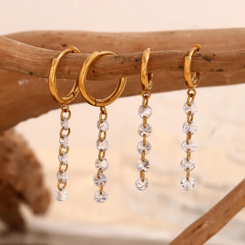 Stainless Steel Gold Plated Hoop Earrings For Women White Rhinestone Tassel Pendant Geometric Round Jewelry For Daily Party